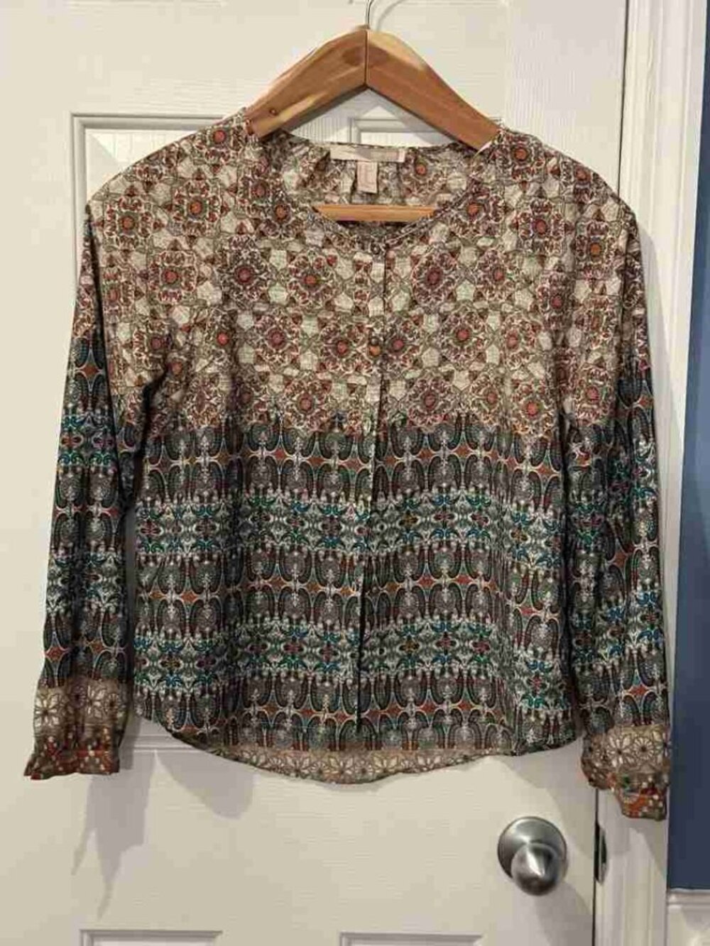 Boho Print Long Sleeve Button Front Blouse